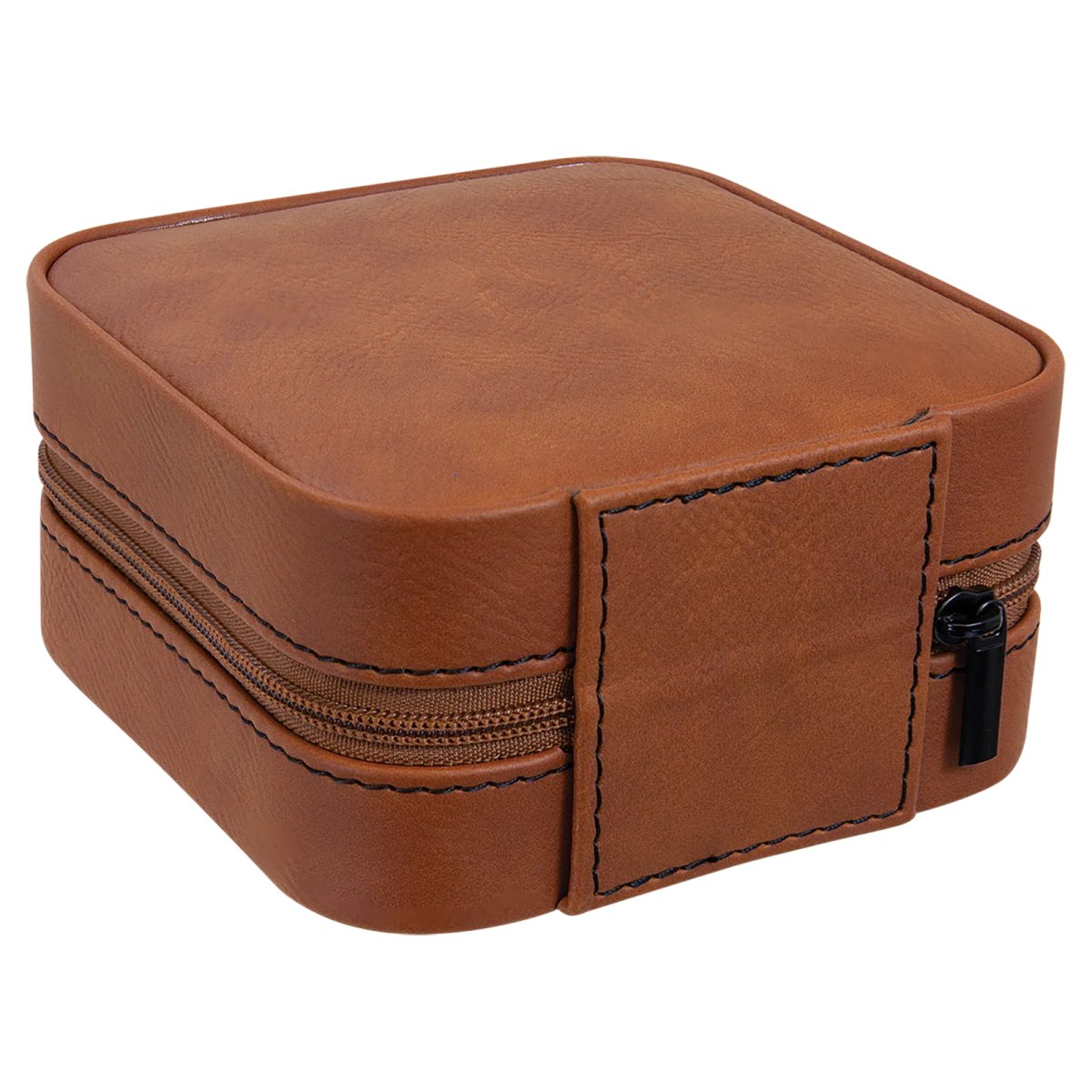 4" X 4" Rawhide Engraved Faux Leather Travel Jewelry Box with Tan Lining - Back view