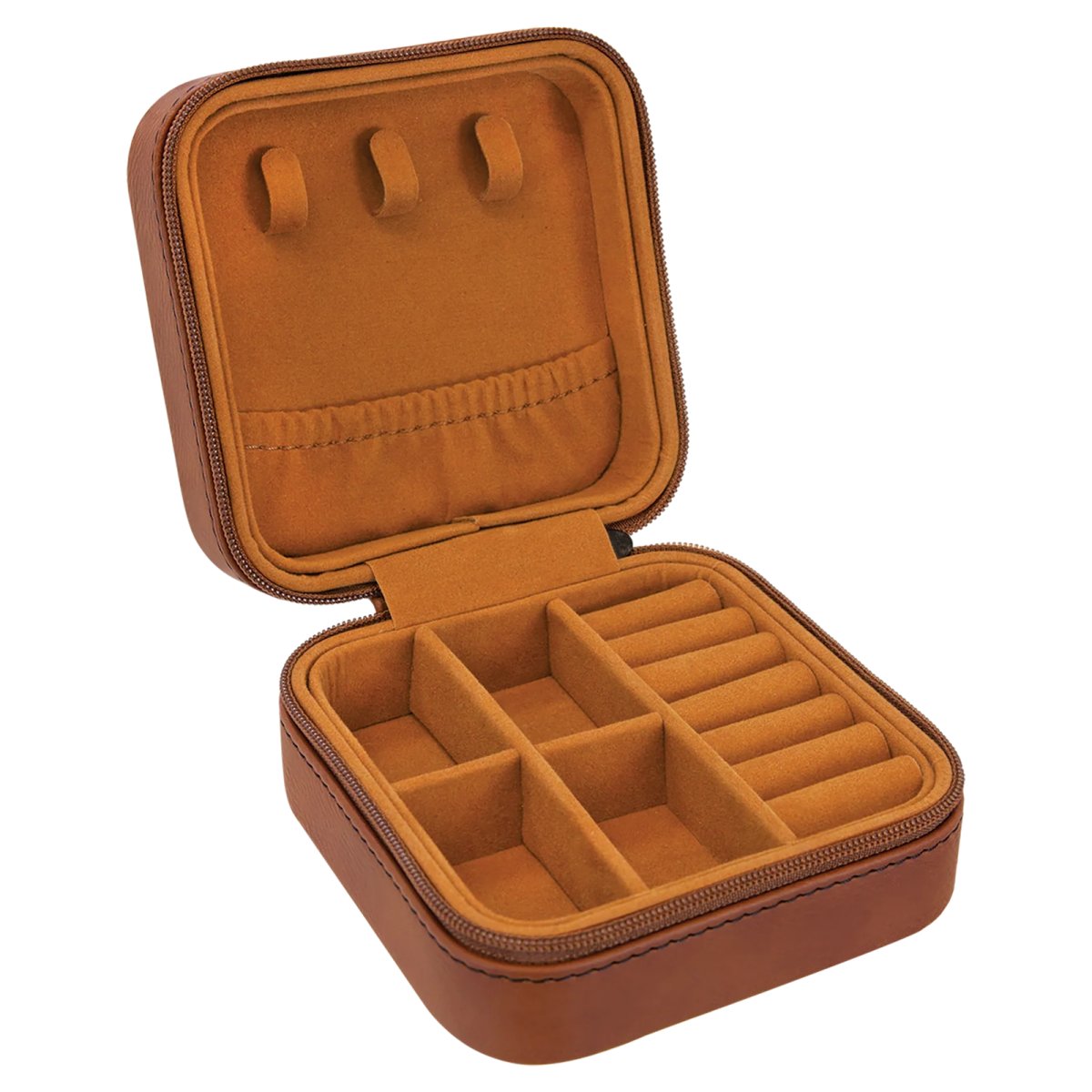 4" X 4" Rawhide Engraved Faux Leather Travel Jewelry Box with Tan Lining - Open view