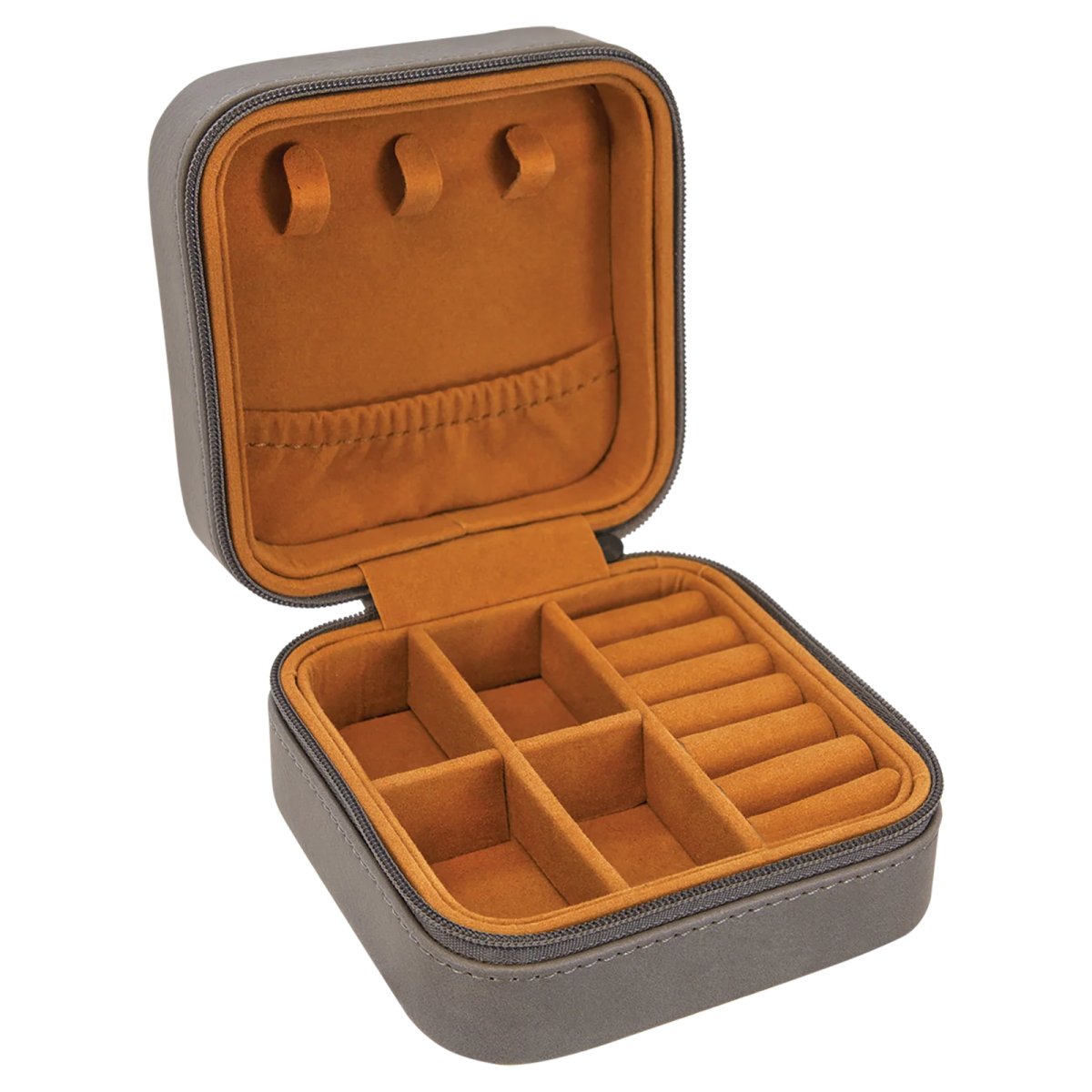 4" X 4" Gray Engraved Faux Leather Travel Jewelry Box with Tan Lining - Open view