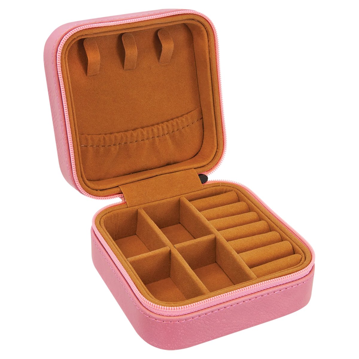 4" X 4" Pink Engraved Faux Leather Travel Jewelry Box with Tan Lining - Open view