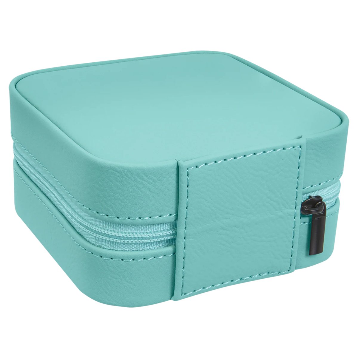 4" X 4" Teal Engraved Faux Leather Travel Jewelry Box with Tan Lining - Back view