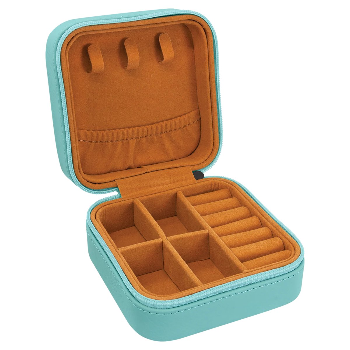 4" X 4" Teal Engraved Faux Leather Travel Jewelry Box with Tan Lining - Open view