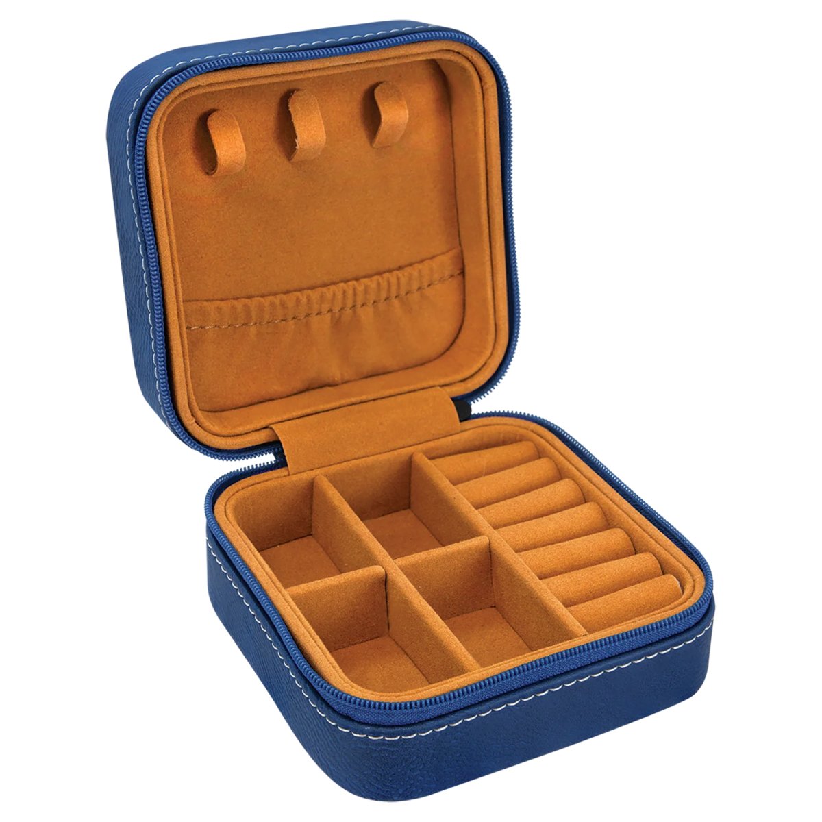4" X 4" Blue/Silver Leatherette Travel Jewelry Box with Tan Lining - Open view