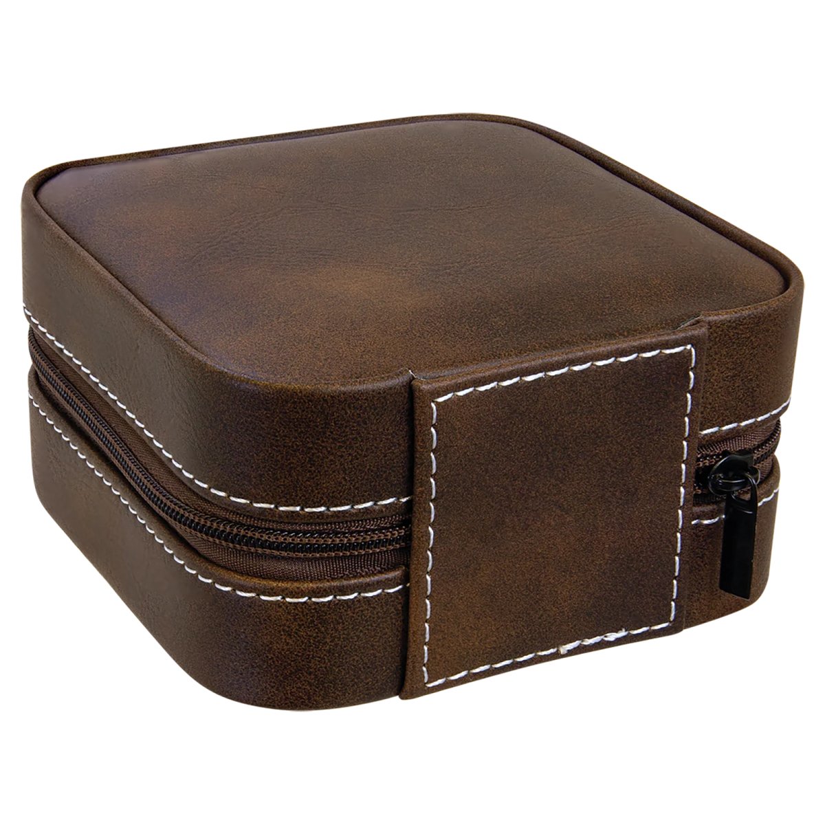 4" X 4" Rustic/Silver Leatherette Travel Jewelry Box with Tan Lining - Back view
