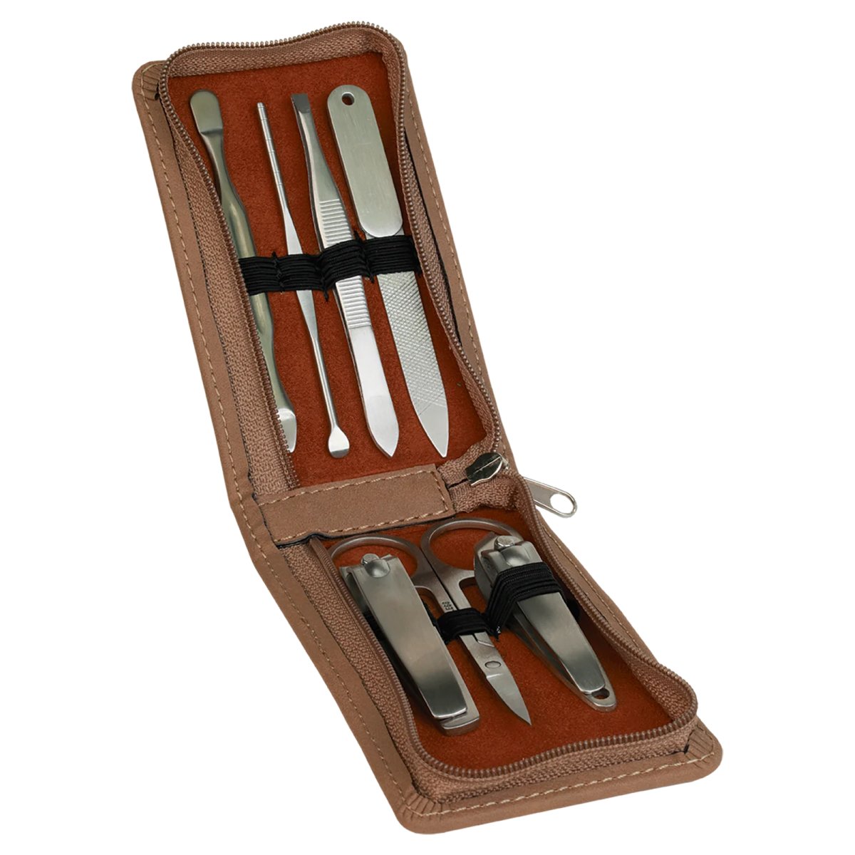 7-Piece Dark Brown Engraved Faux Leather Manicure Gift Set - Open view