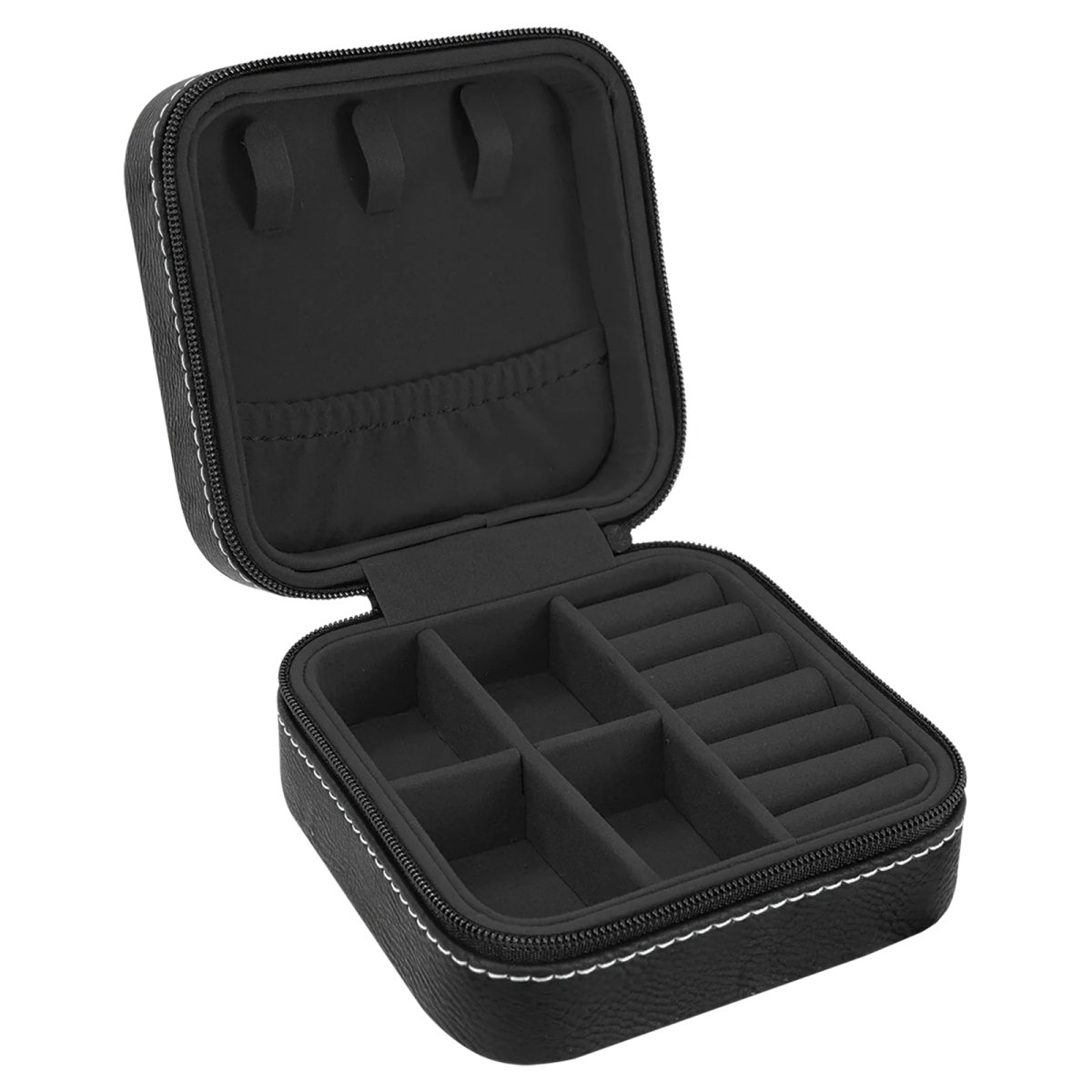 4" X 4" Black/Silver Engraved Faux Leather Travel Jewelry Box with Black Lining - Open view