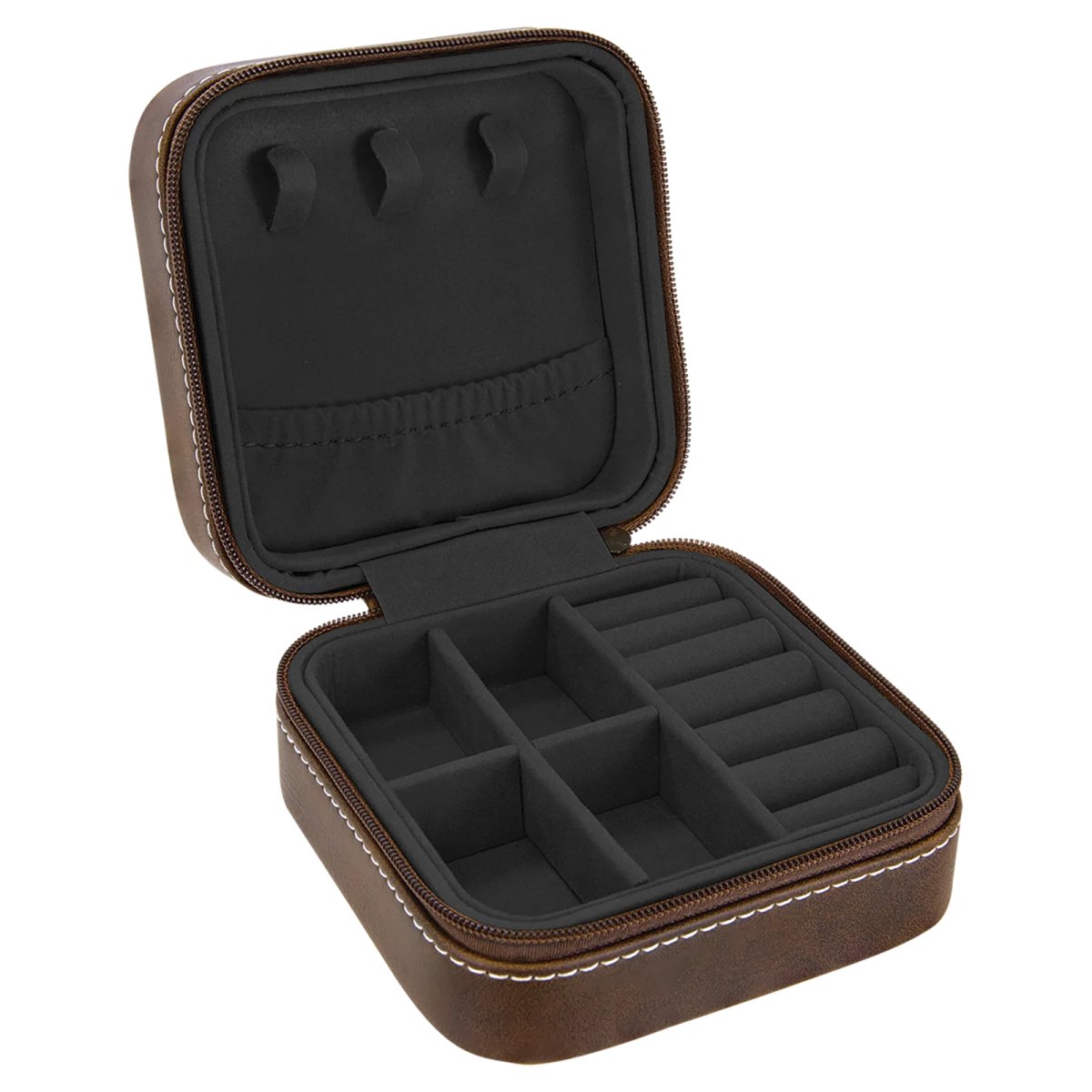 4" X 4" Rustic/Silver Engraved Faux Leather Travel Jewelry Box with Black Lining - Open view
