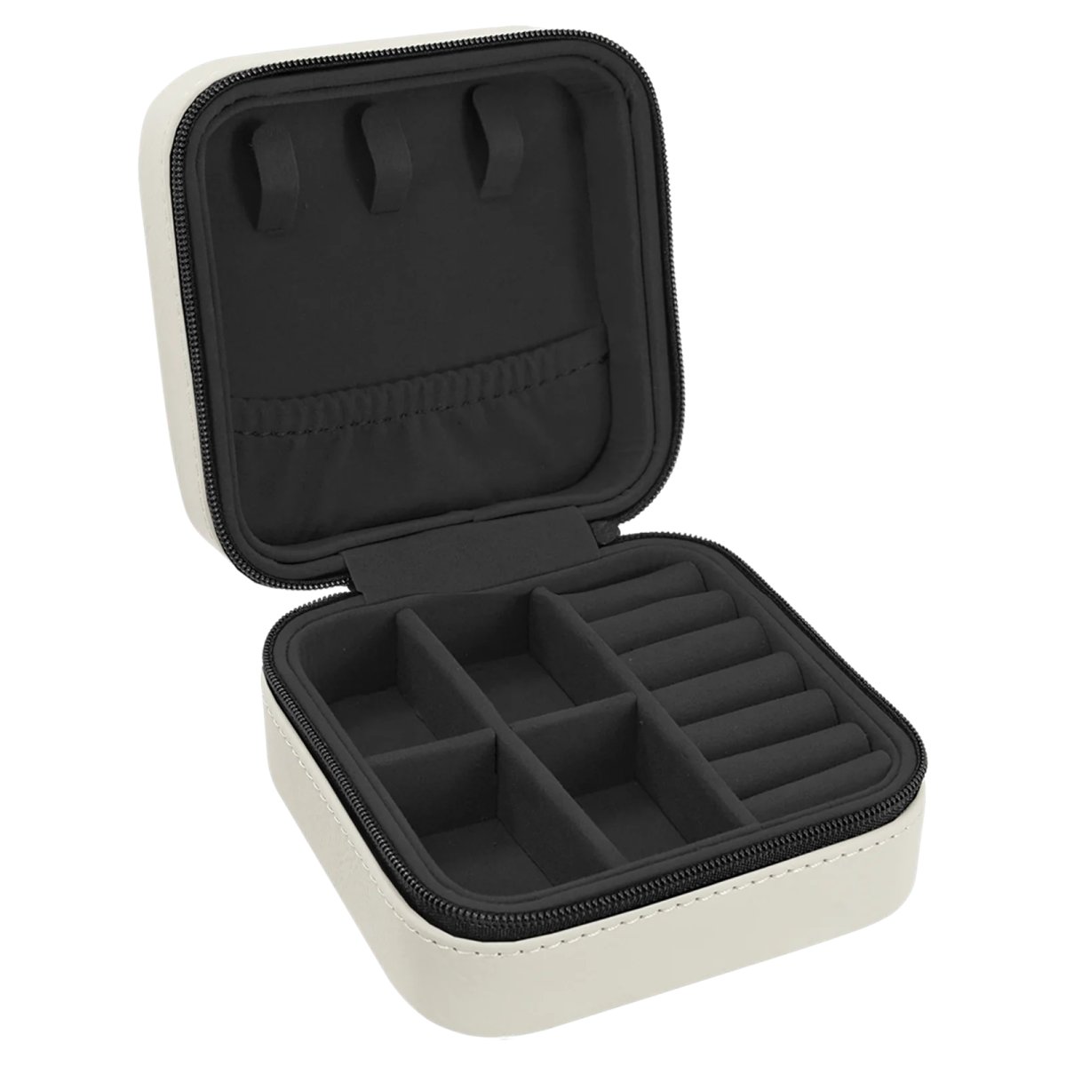 4" X 4" White/Black Engraved Faux Leather Travel Jewelry Box with Black Lining - Open view