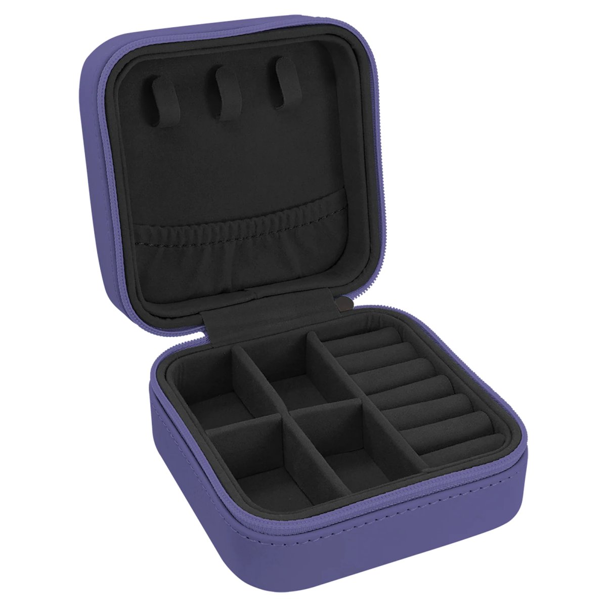 4" X 4" Purple/Black Engraved Faux Leather Travel Jewelry Box with Black Lining - Open view