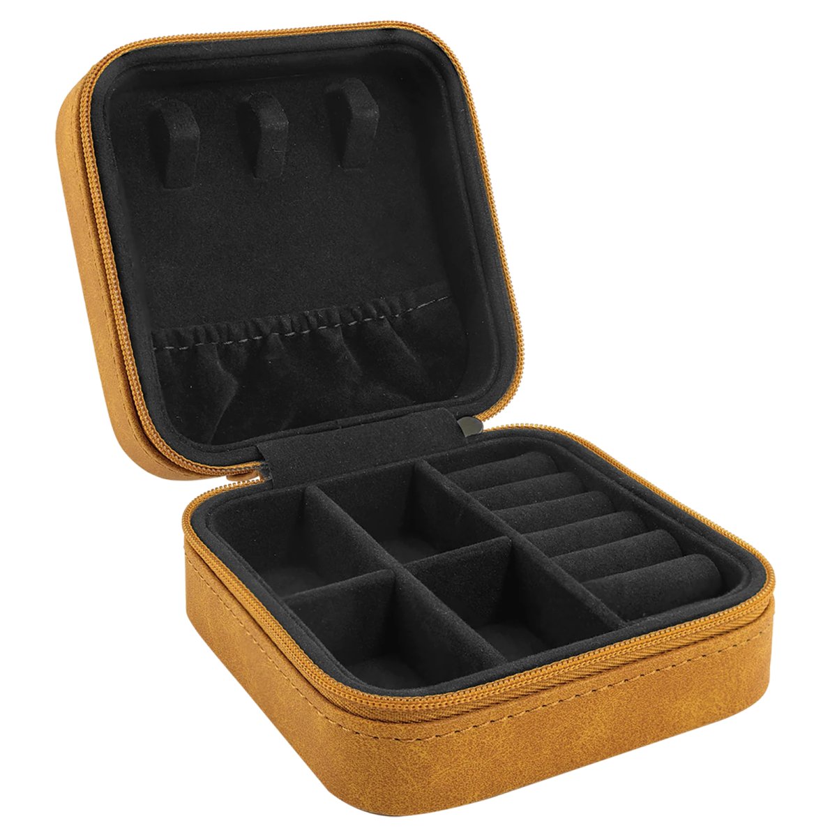 Travel Jewelry Box - Engraved Faux Leather, Creekside Collection, 4" x 4", Light Brown - Open view