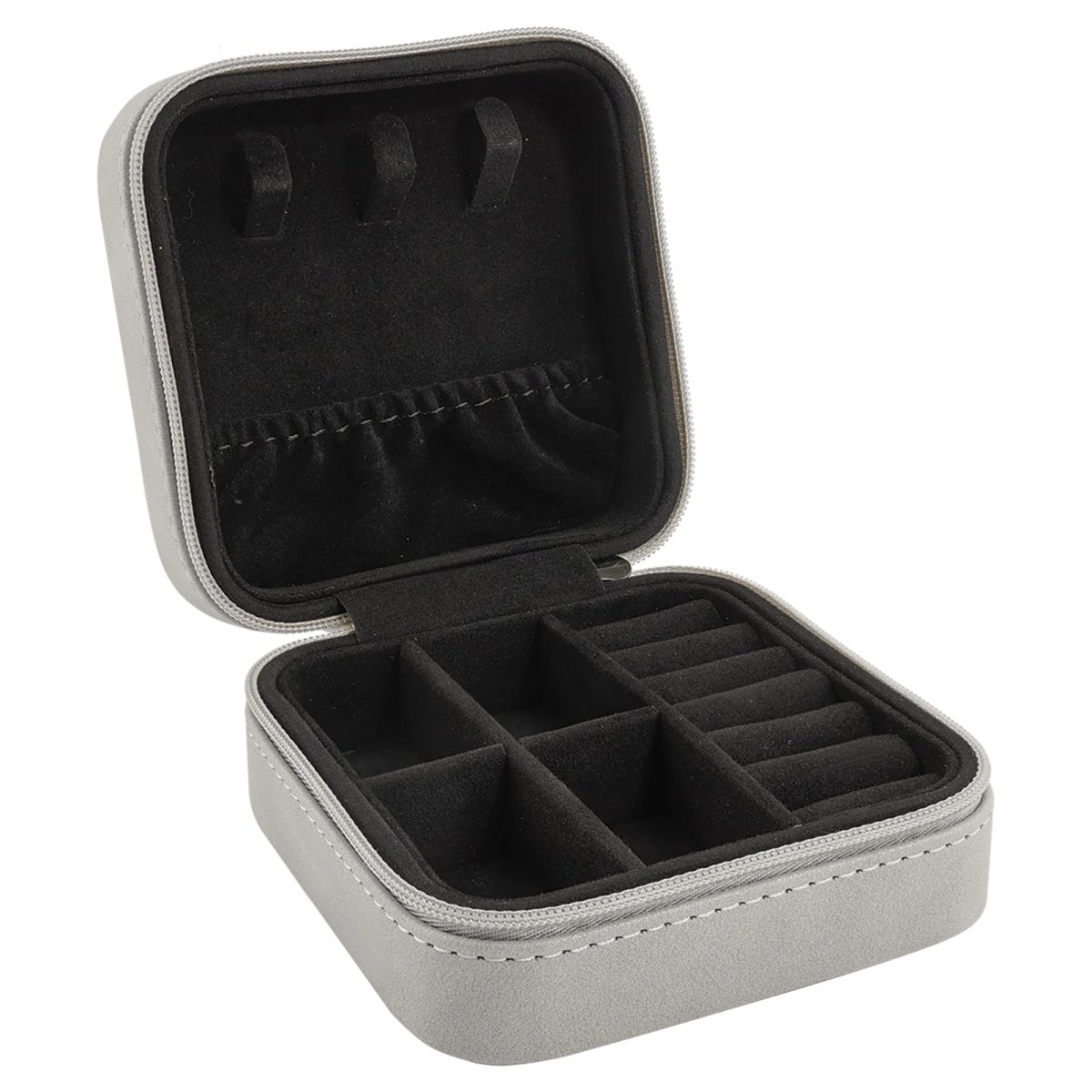 Travel Jewelry Box - Engraved Faux Leather, Creekside Collection, 4" x 4", Light Gray - Open view