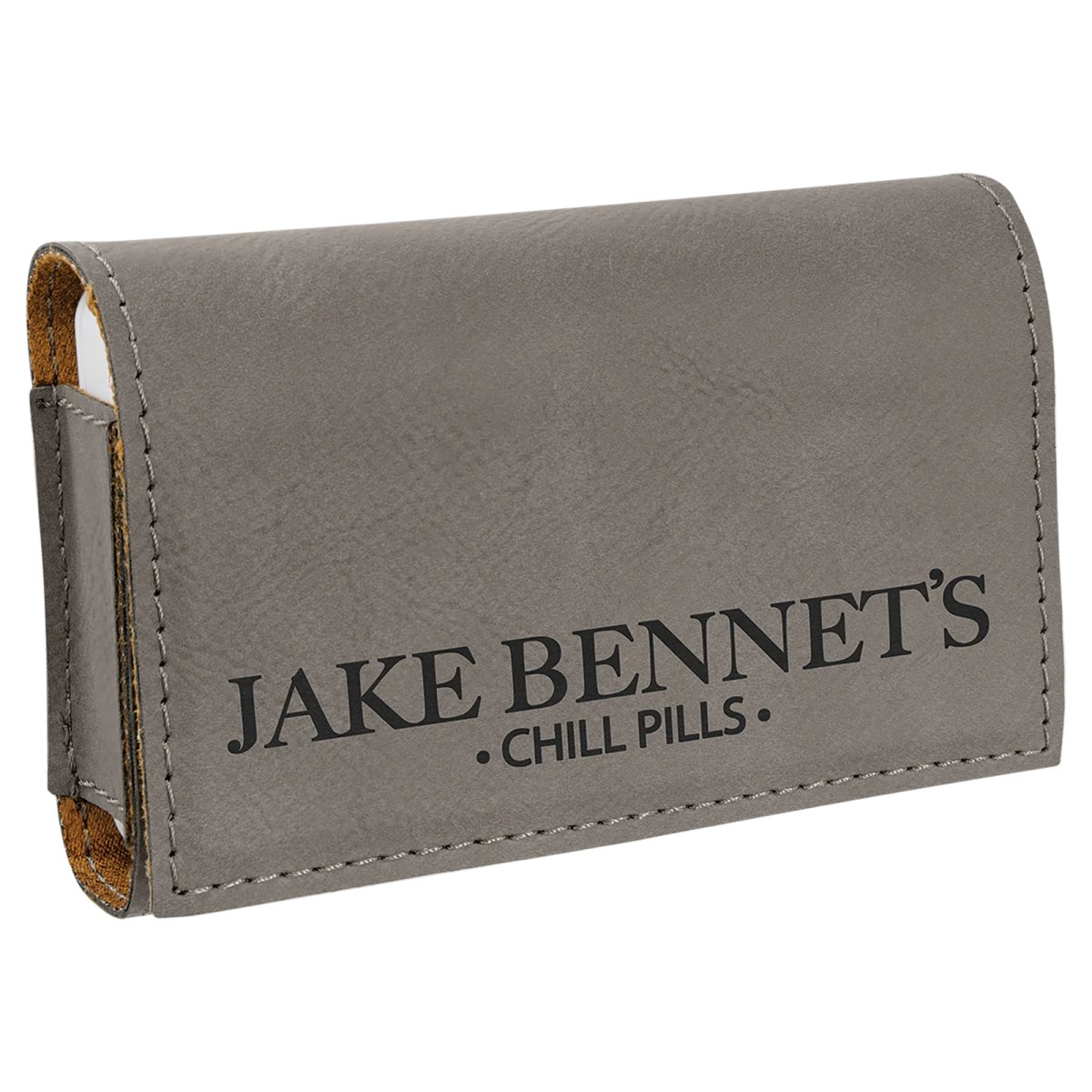 4 3/4" x 3 1/8" Gray Engraved Faux Leather  Pill Box - Angle view