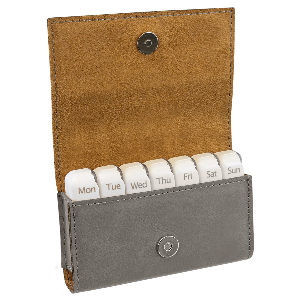4 3/4" x 3 1/8" Gray Engraved Faux Leather  Pill Box - Open view