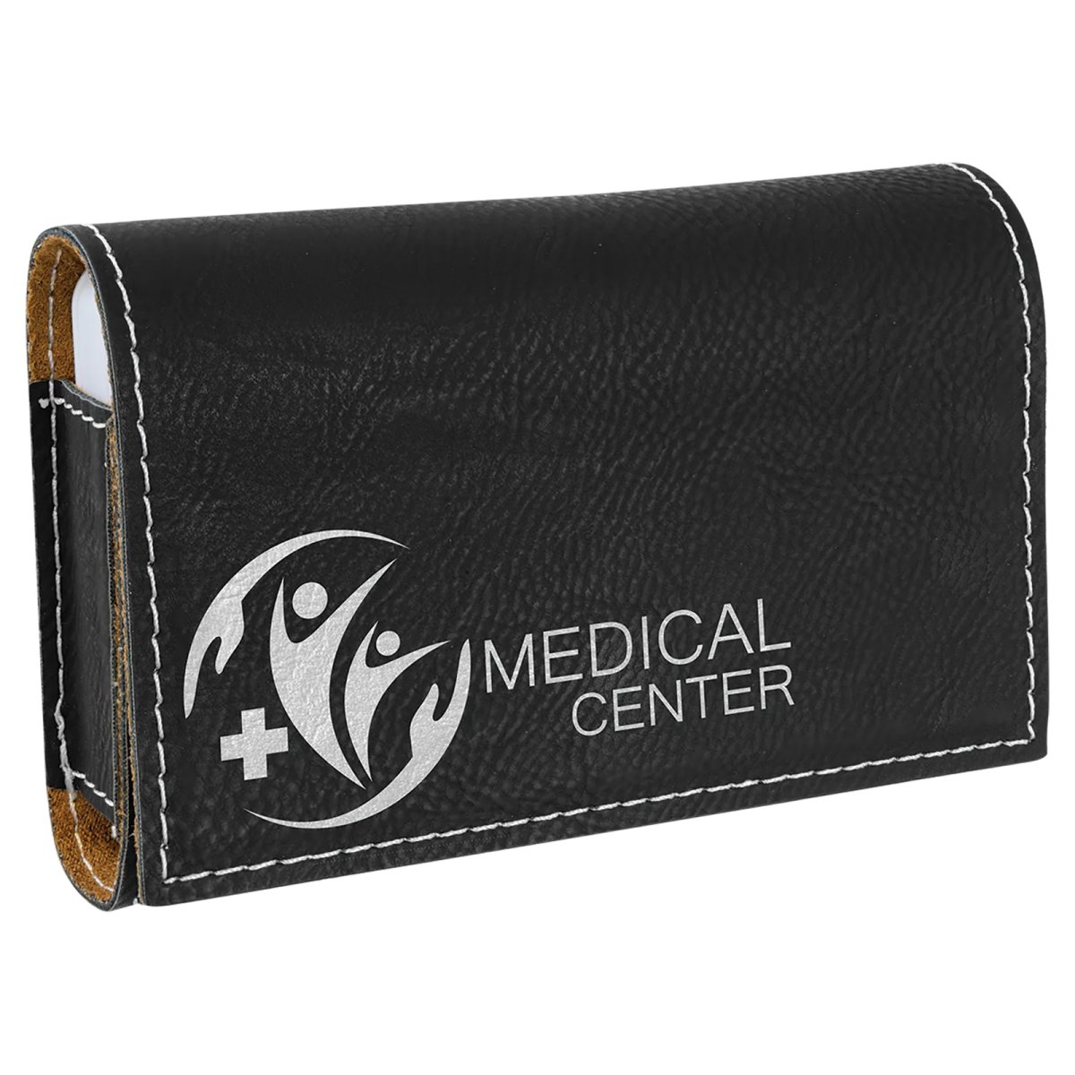 4 3/4" x 3 1/8" Black/Silver Engraved Faux Leather  Pill Box - Angle view