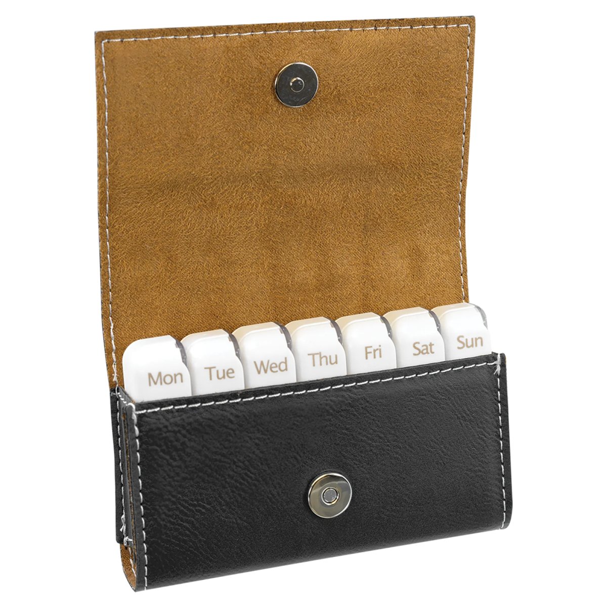 4 3/4" x 3 1/8" Black/Silver Engraved Faux Leather  Pill Box - Open view
