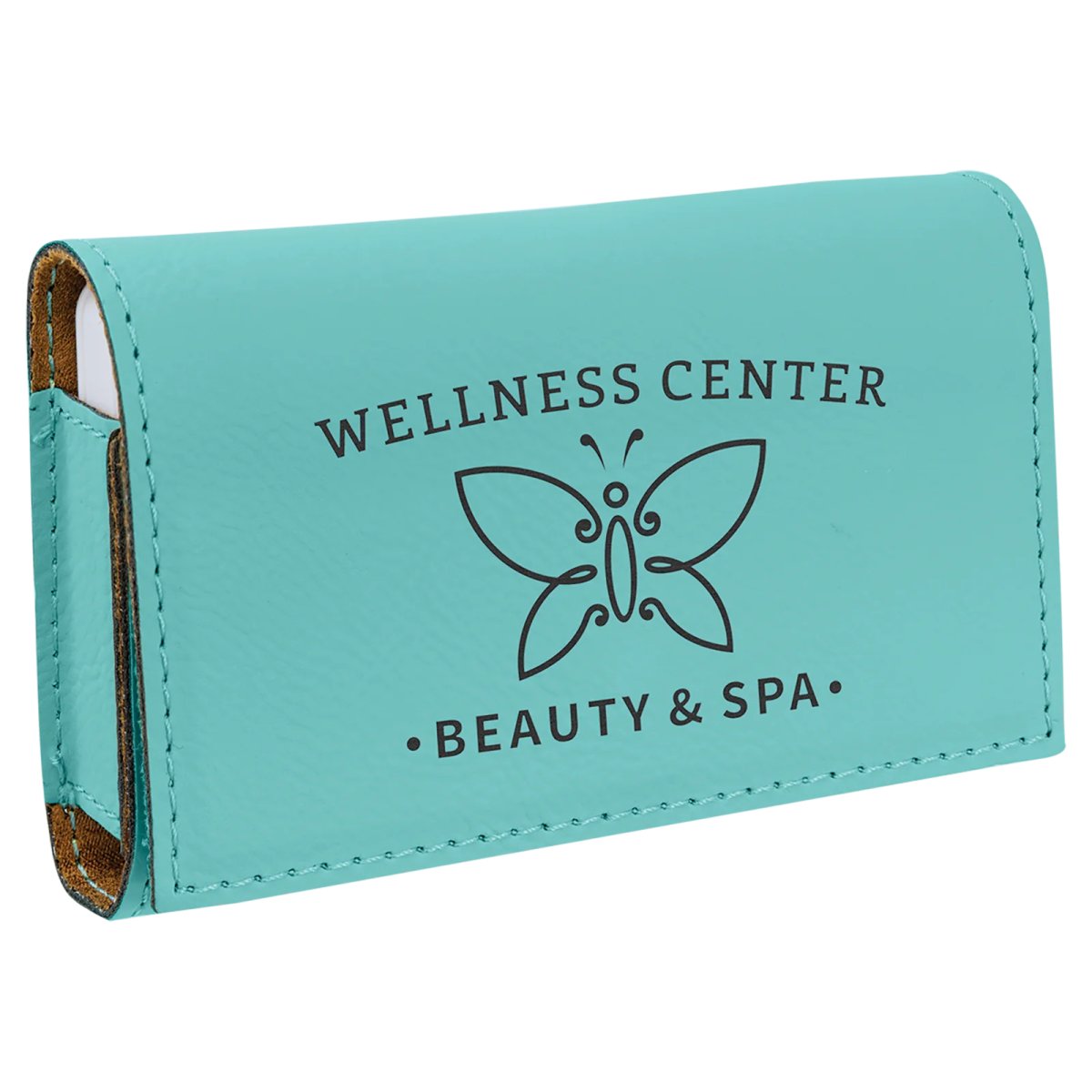 4 3/4" x 3 1/8" Teal Engraved Faux Leather  Pill Box - Angle view