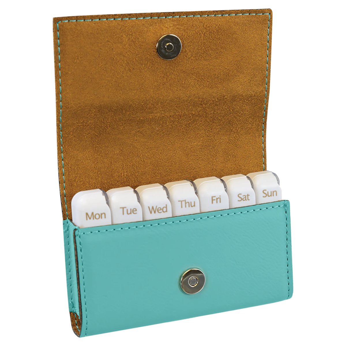 4 3/4" x 3 1/8" Teal Engraved Faux Leather  Pill Box - Open view