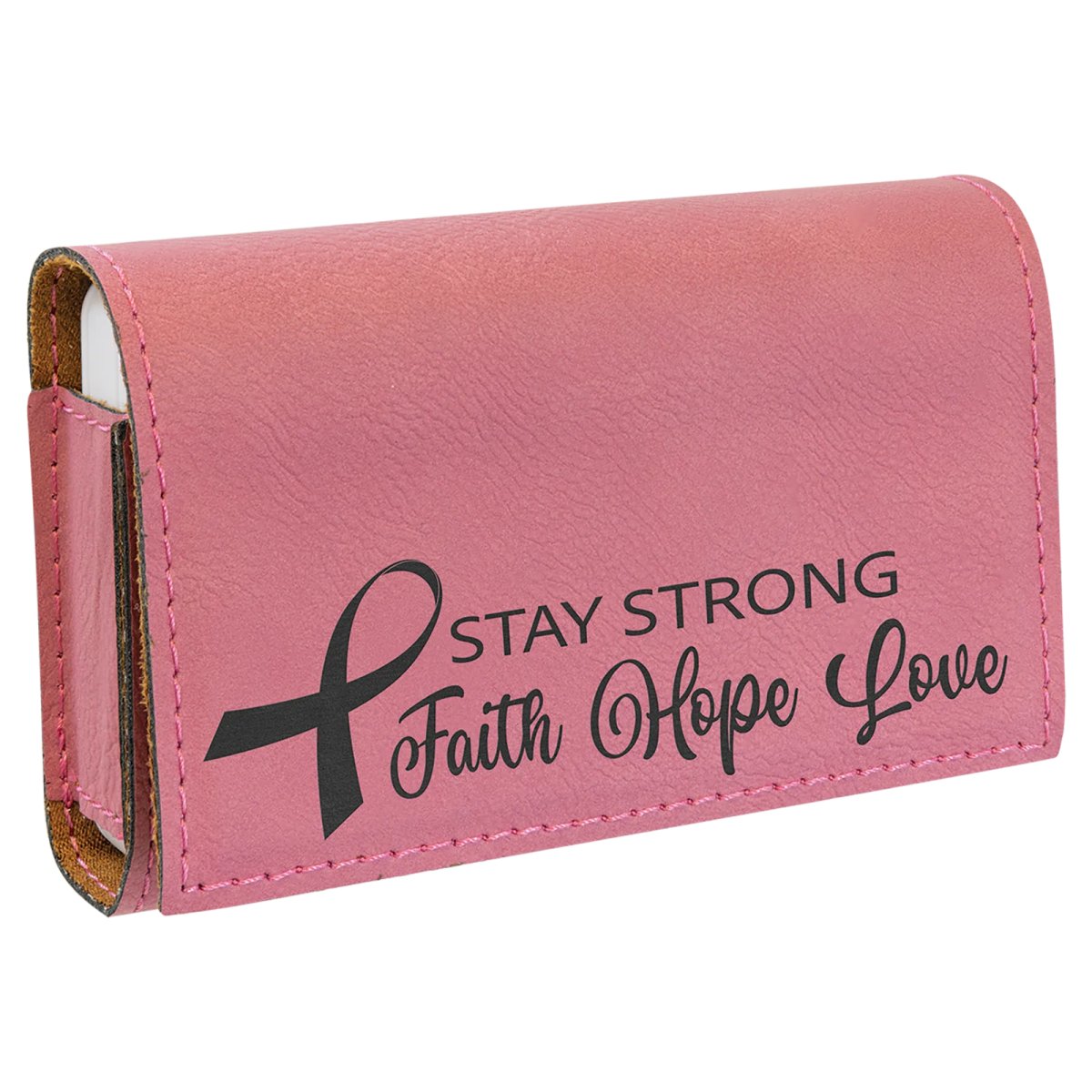 4 3/4" x 3 1/8" Pink Engraved Faux Leather  Pill Box - Angle view