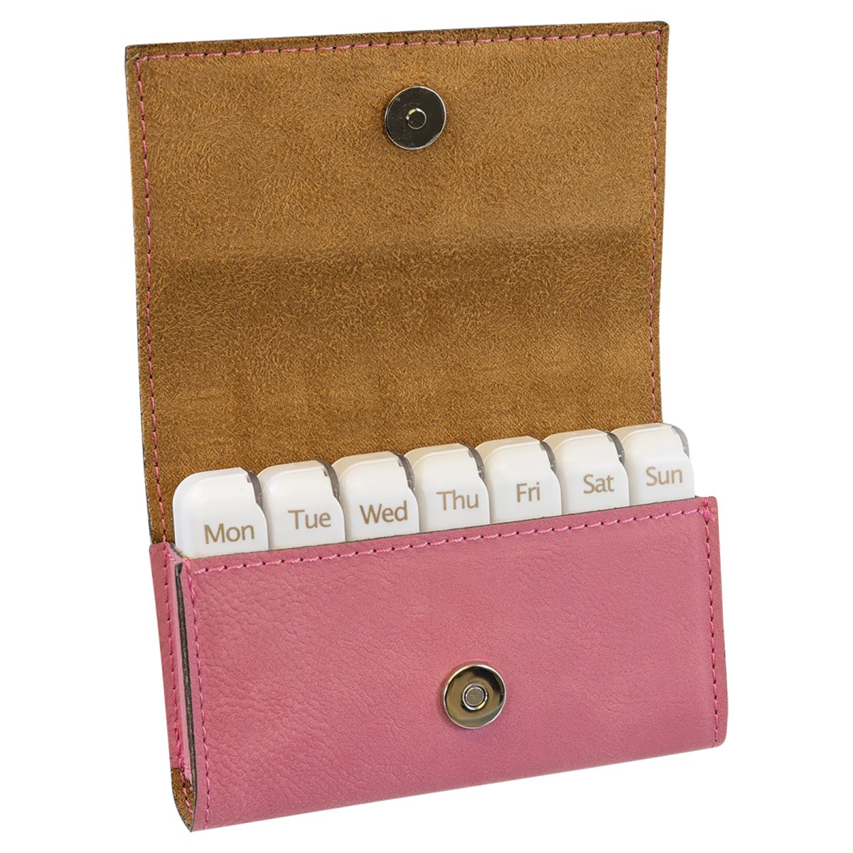 4 3/4" x 3 1/8" Pink Engraved Faux Leather  Pill Box - Open view