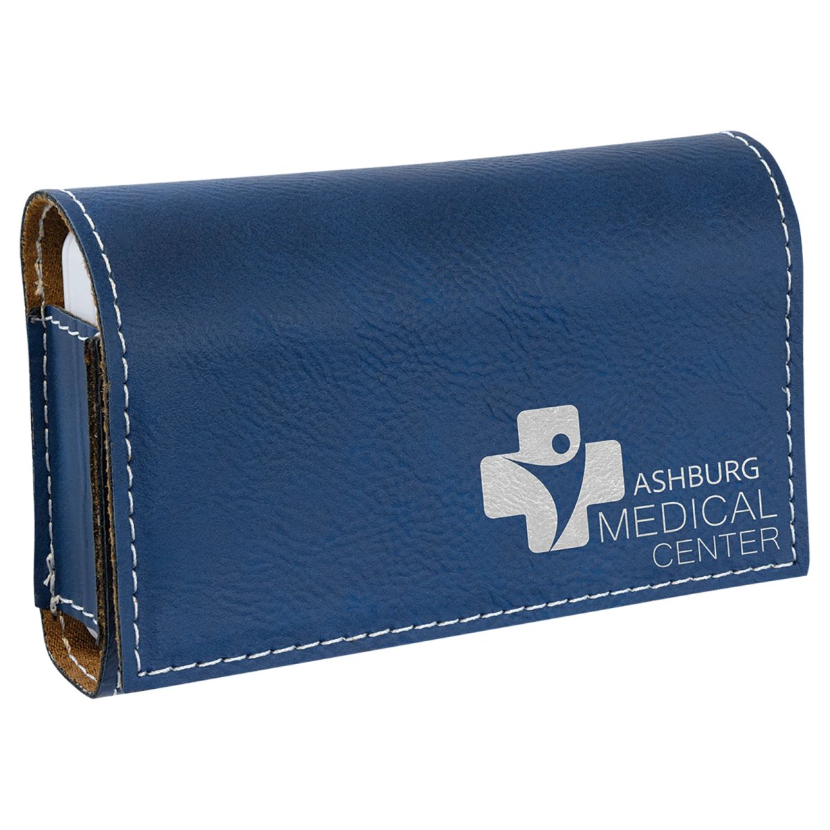 4 3/4" x 3 1/8" Blue/Silver Engraved Faux Leather  Pill Box - Angle view