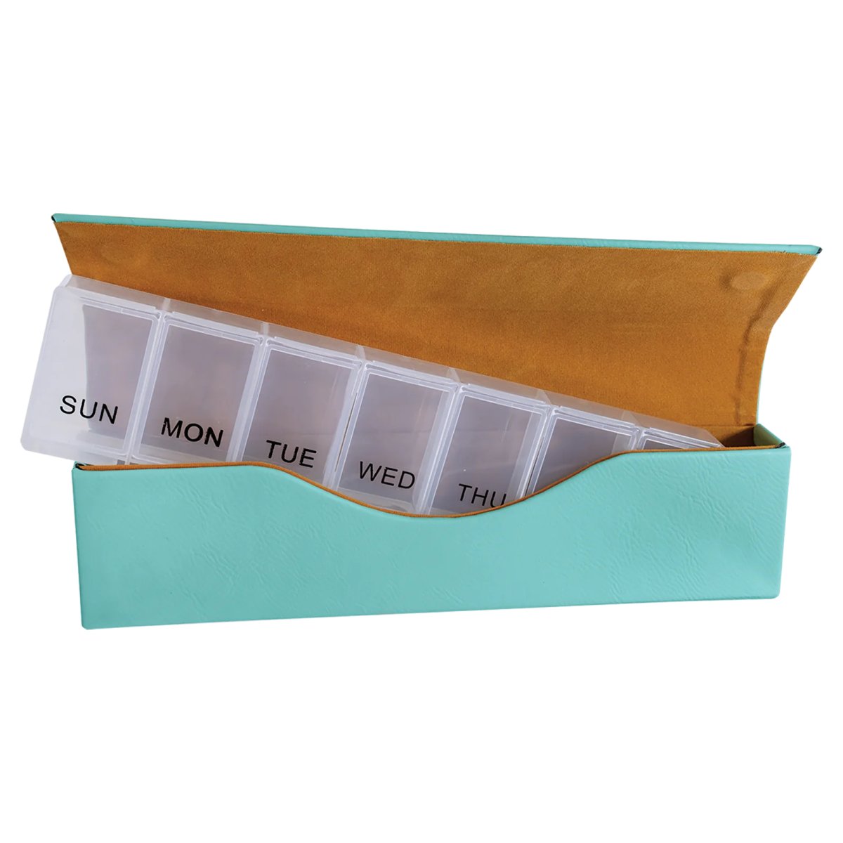 9 3/4" x 2 1/2" Teal Engraved Faux Leather Pill Box - Open view