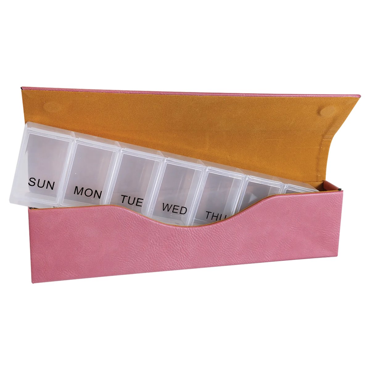 9 3/4" x 2 1/2" Pink Engraved Faux Leather Pill Box - Open view