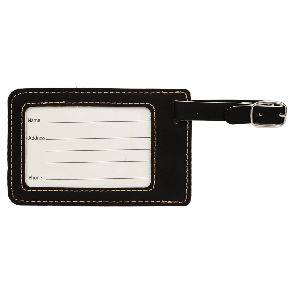 4 1/4" x 2 3/4" Black/Gold Engraved Faux Leather Luggage Tag - Back view