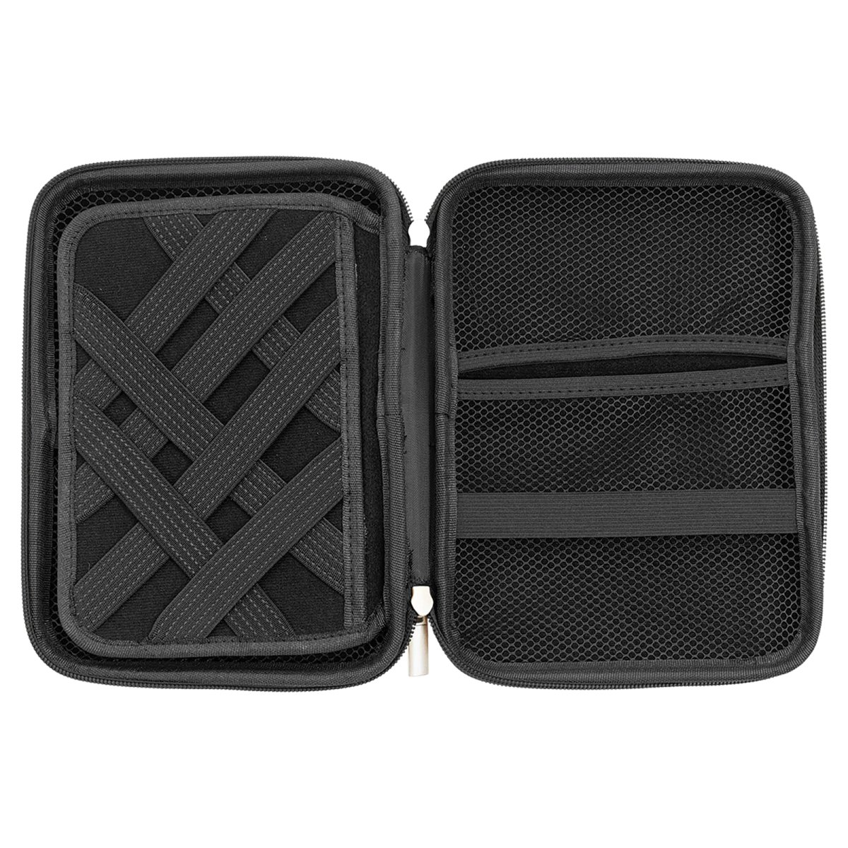8 1/2" x 6" x 1 3/4" Black/Silver Leatherette Cord Case - Open view