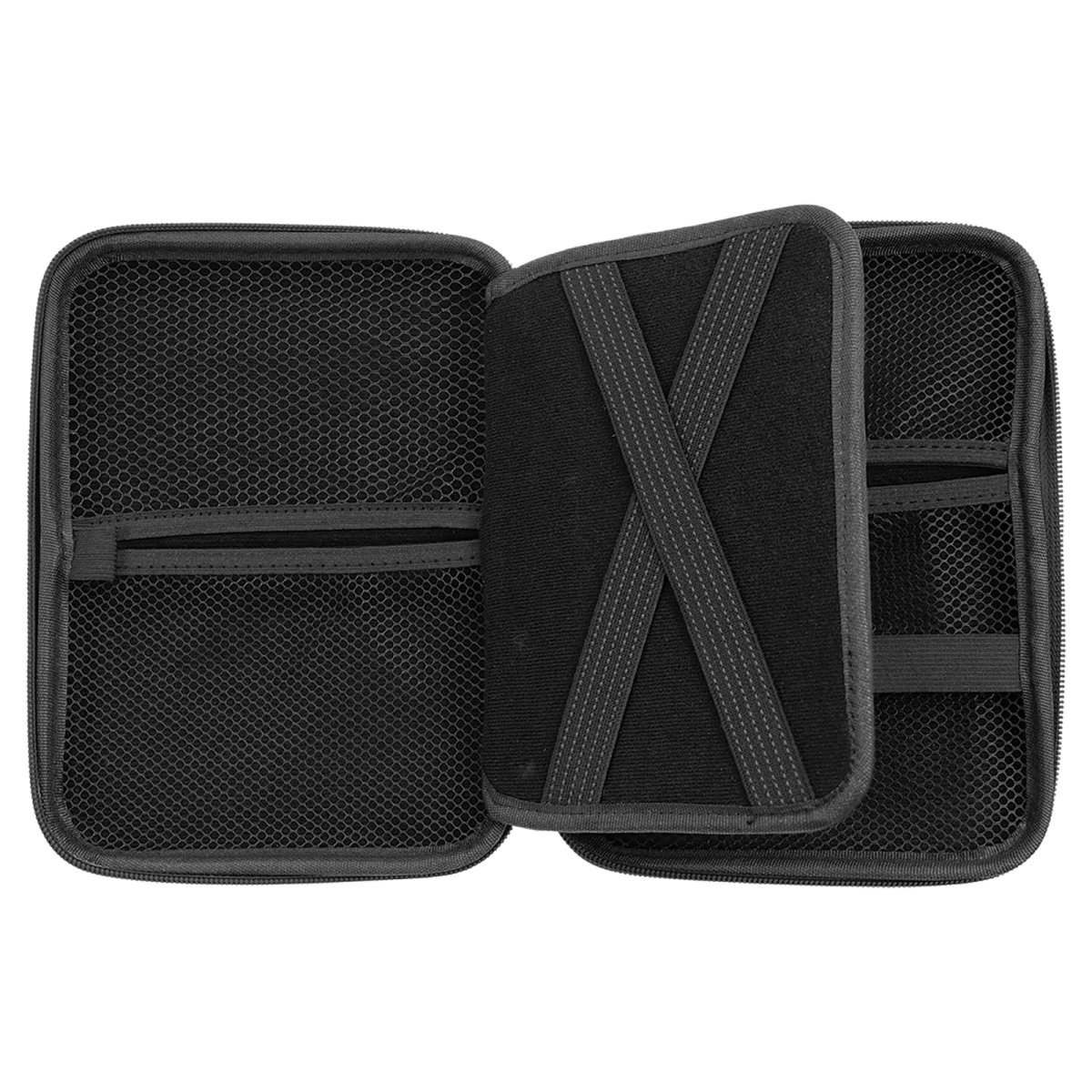 8 1/2" x 6" x 1 3/4" Black/Silver Leatherette Cord Case - Open 2 view