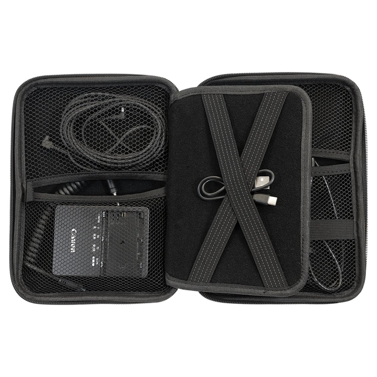 8 1/2" x 6" x 1 3/4" Black/Silver Leatherette Cord Case - Open 3 view