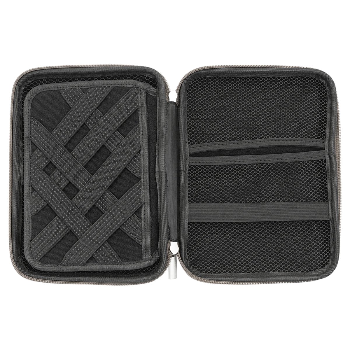 8 1/2" x 6" x 1 3/4" Gray Leatherette Cord Case - Open view