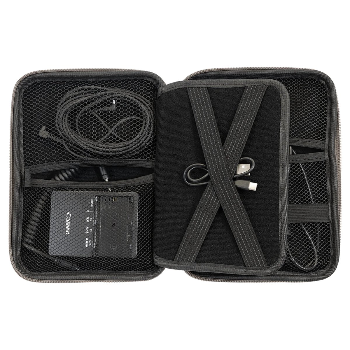 8 1/2" x 6" x 1 3/4" Gray Leatherette Cord Case - Open 3 view