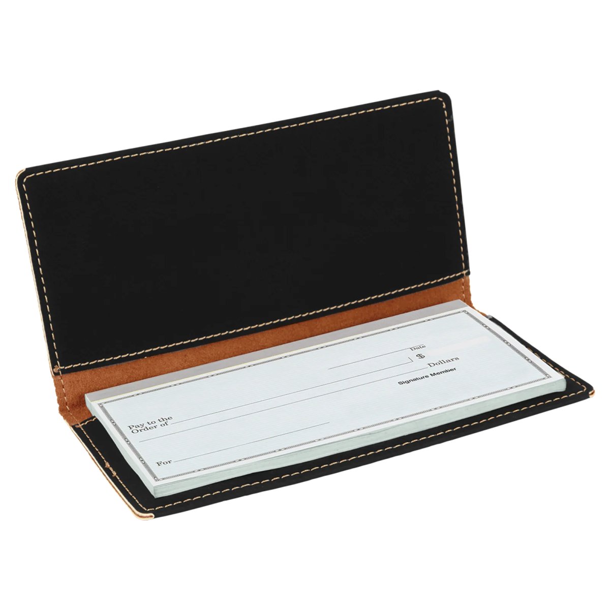 6 3/4" x 3 1/2" Black/Gold Engraved Faux Leather Checkbook Cover - Open view