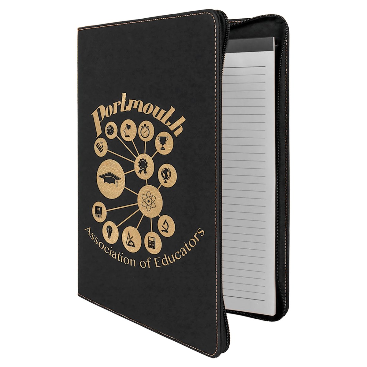 9 1/2" x 12" Black/Gold with Zipper Engraved Faux Leather Portfolio with Notepad - Angle 2 view