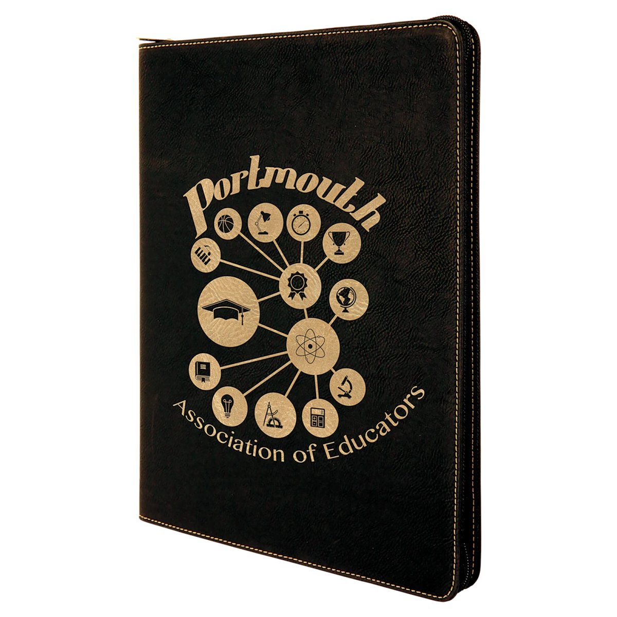 9 1/2" x 12" Black/Gold with Zipper Engraved Faux Leather Portfolio with Notepad - Angle view