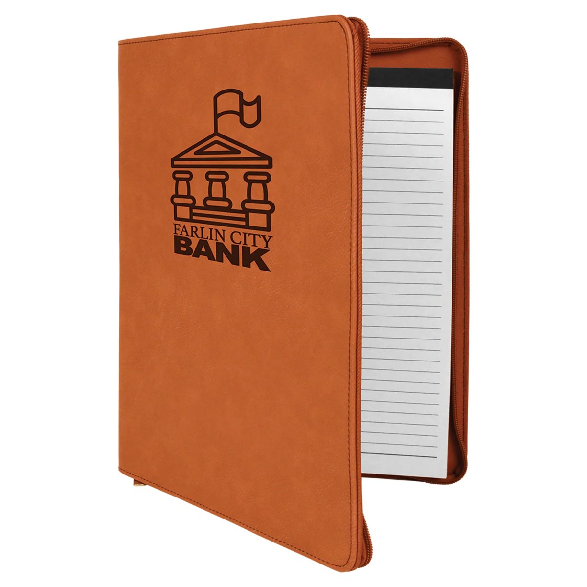 9 1/2" x 12" Rawhide with Zipper Engraved Faux Leather Portfolio with Notepad - Angle 2 view