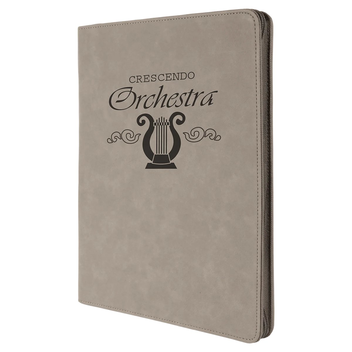 9 1/2" x 12" Gray with Zipper Engraved Faux Leather Portfolio with Notepad - Angle view