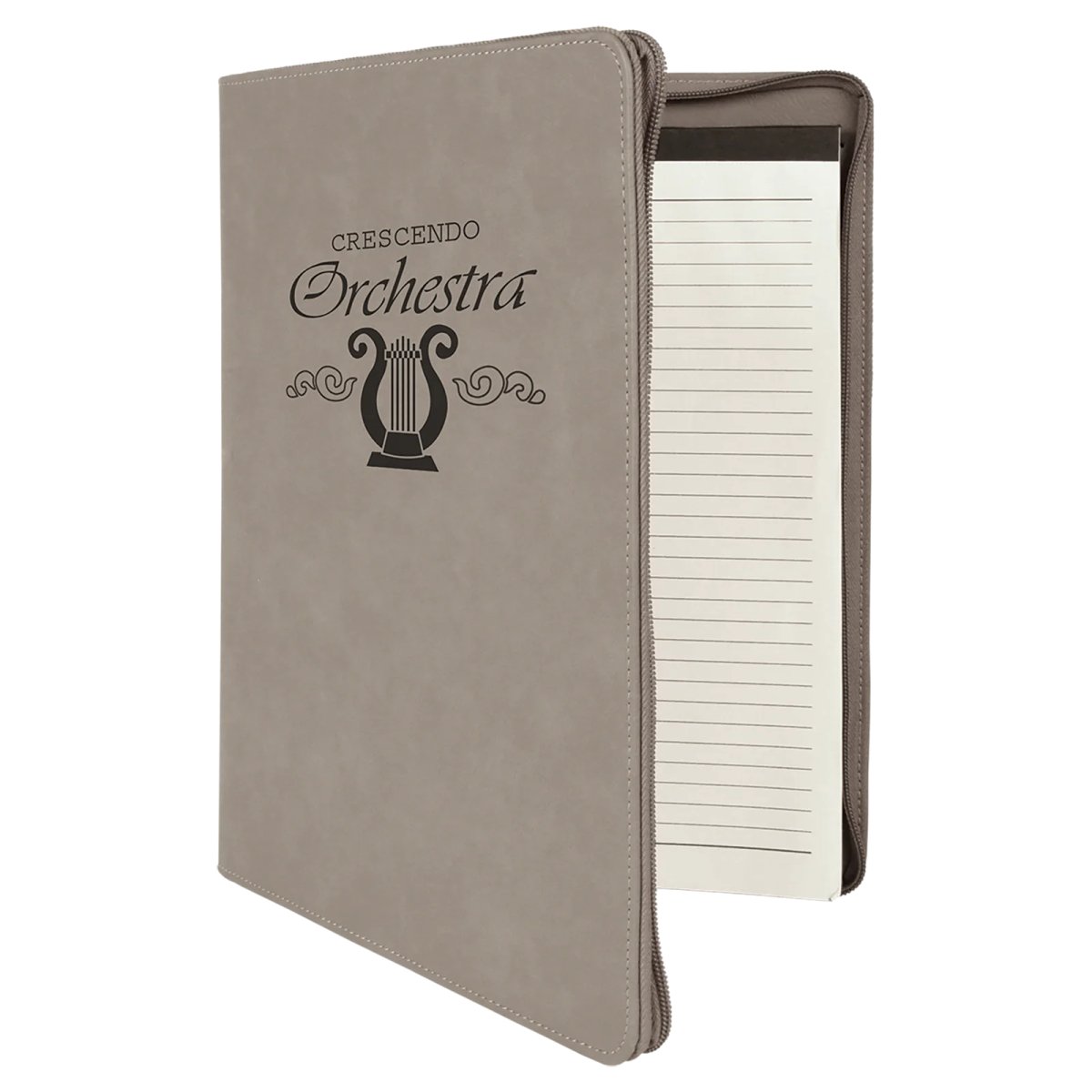 9 1/2" x 12" Gray with Zipper Engraved Faux Leather Portfolio with Notepad - Angle 2 view