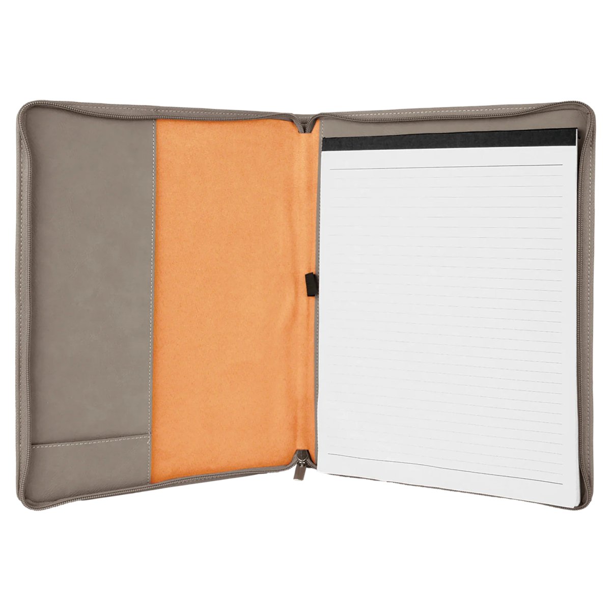 9 1/2" x 12" Gray with Zipper Engraved Faux Leather Portfolio with Notepad - Open view