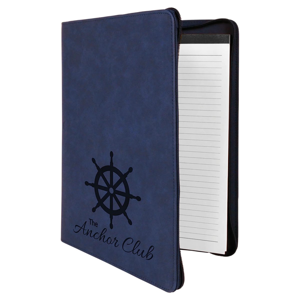 9 1/2" x 12" Blue/Black with Zipper Engraved Faux Leather Portfolio with Notepad - Angle 2 view