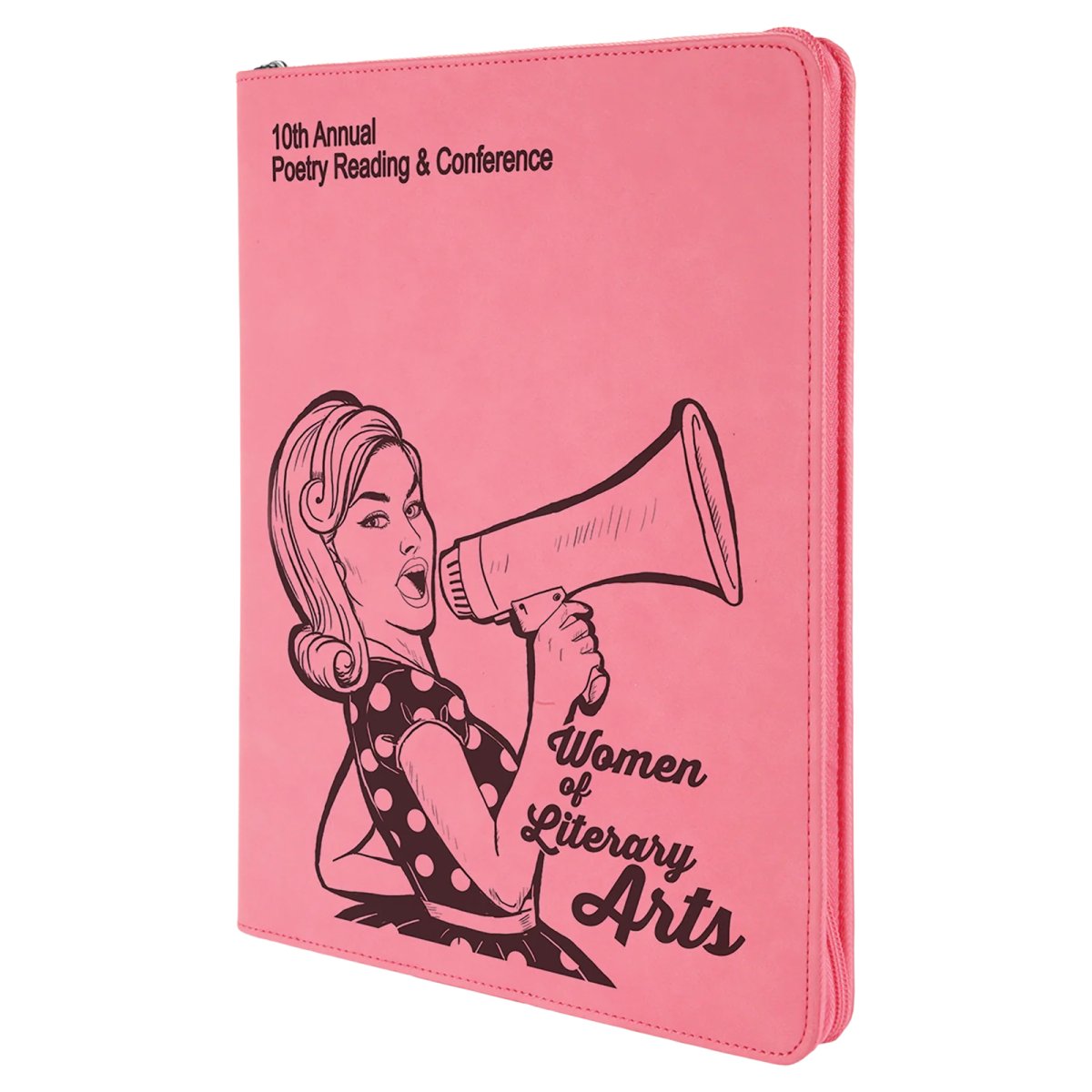 9 1/2" x 12" Pink with Zipper Engraved Faux Leather Portfolio with Notepad - Angle view