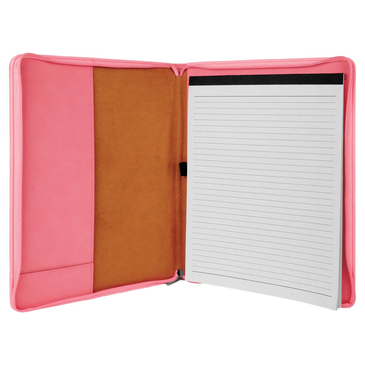 9 1/2" x 12" Pink with Zipper Engraved Faux Leather Portfolio with Notepad - Open view