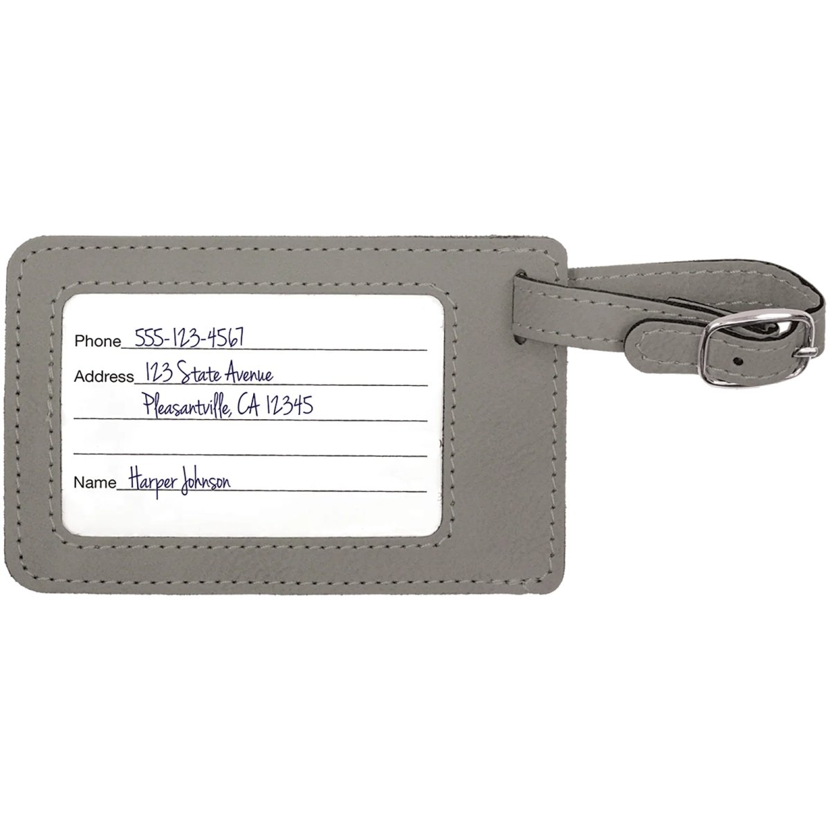 4 1/4" x 2 3/4" Gray Engraved Faux Leather Luggage Tag - Back view