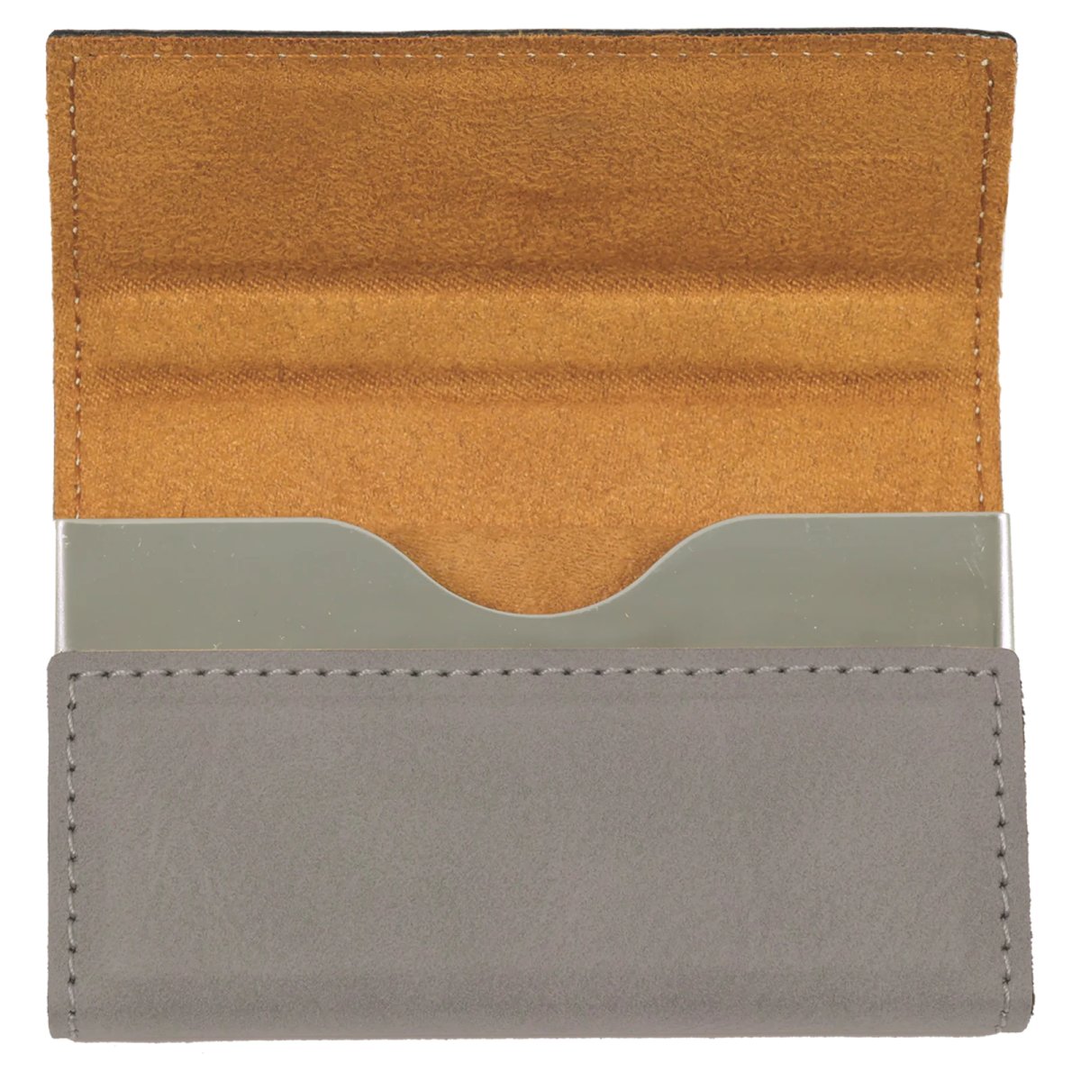 3 3/4" x 2 3/4" Gray Engraved Faux Leather Hard Business Card Holder - Open view