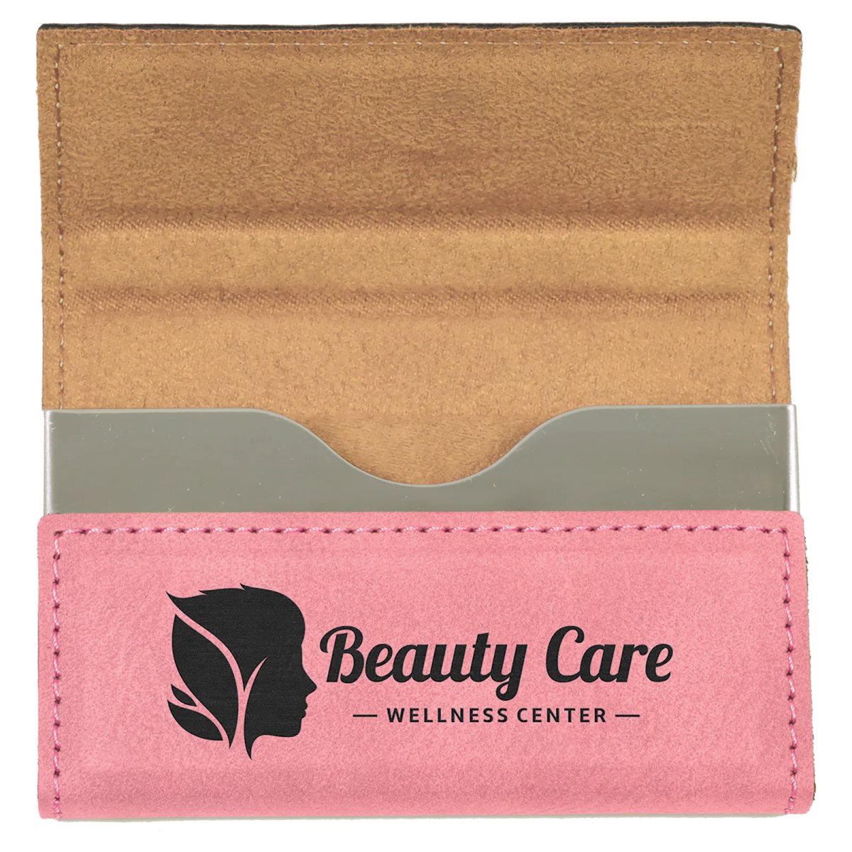 3 3/4" x 2 3/4" Pink Engraved Faux Leather Hard Business Card Holder - Open view