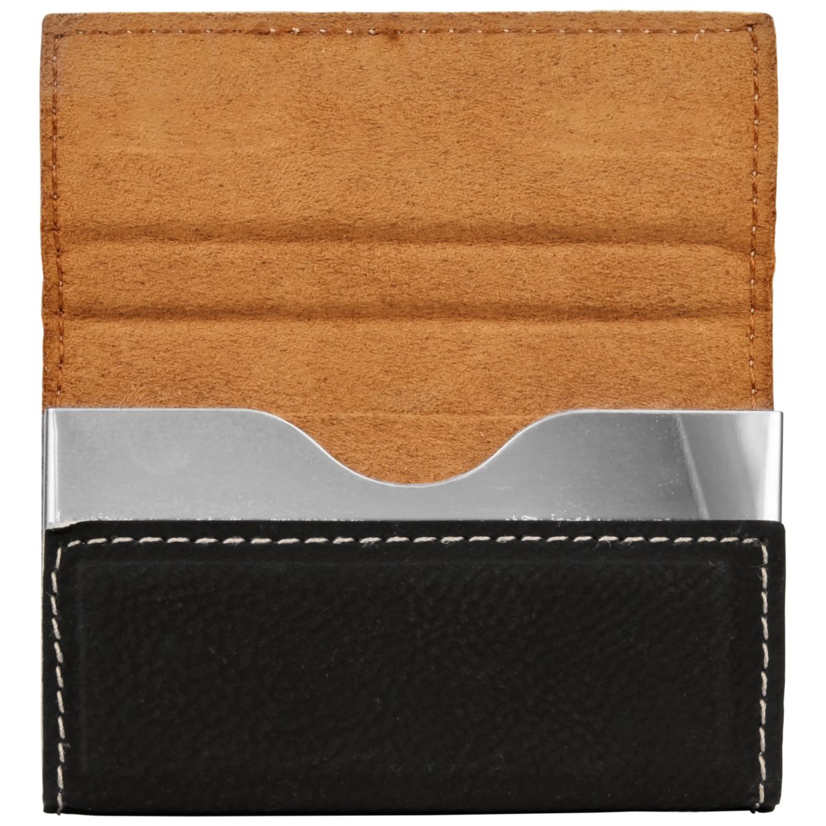 3 3/4" x 2 3/4" Black/Silver Engraved Faux Leather Hard Business Card Holder - Open view