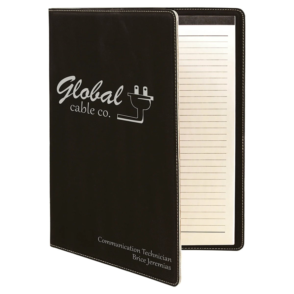 9 1/2" x 12" Black/Silver Engraved Faux Leather Portfolio with Notepad - Angle view