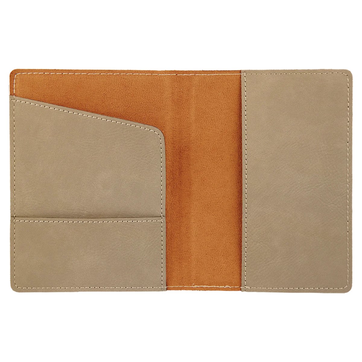 4 1/4" x 5 1/2" Light Brown Engraved Faux Leather Passport Holder - Open view