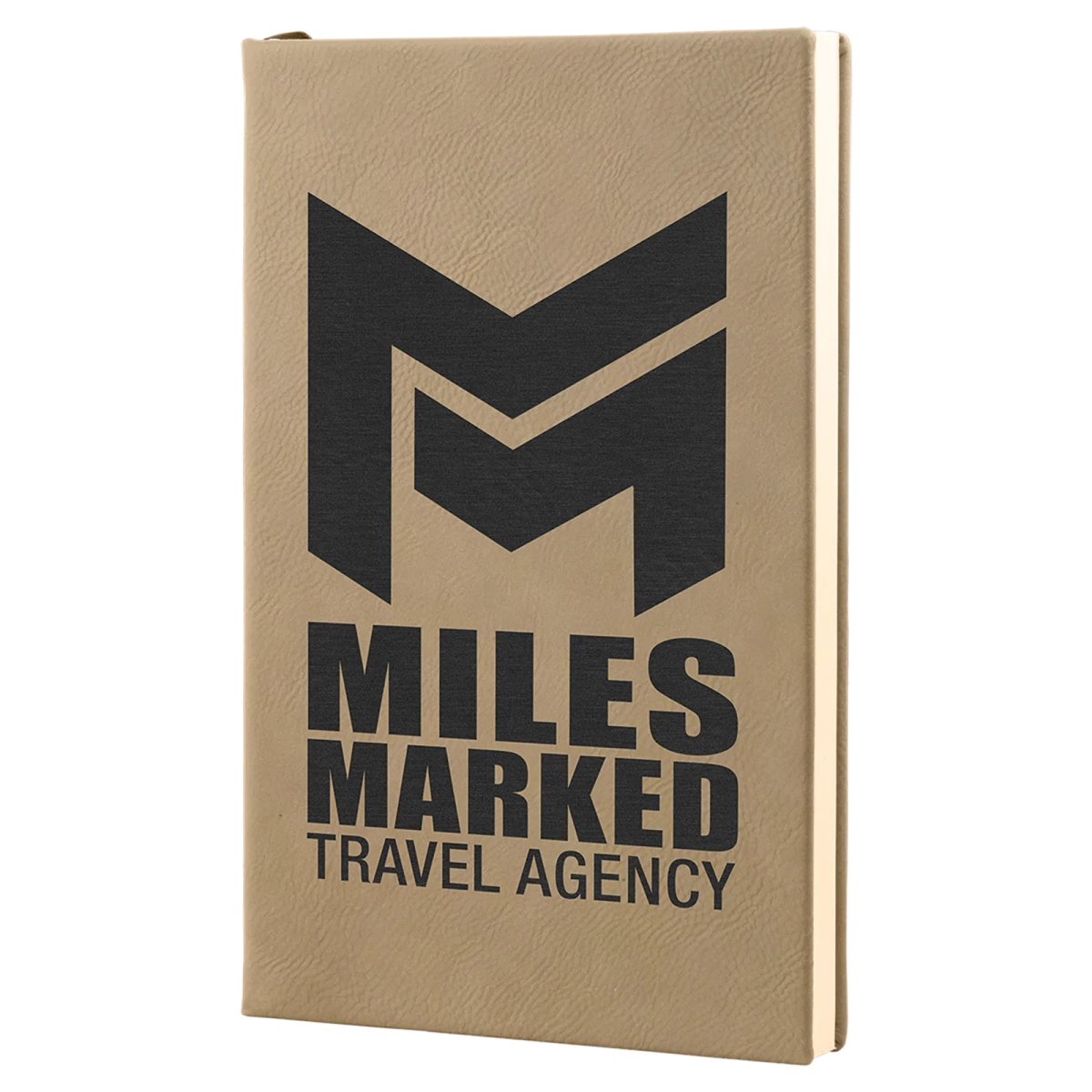 5 1/4" x 8 1/4" Light Brown Engraved Faux Leather Journal with Lined Notepad - Angle view
