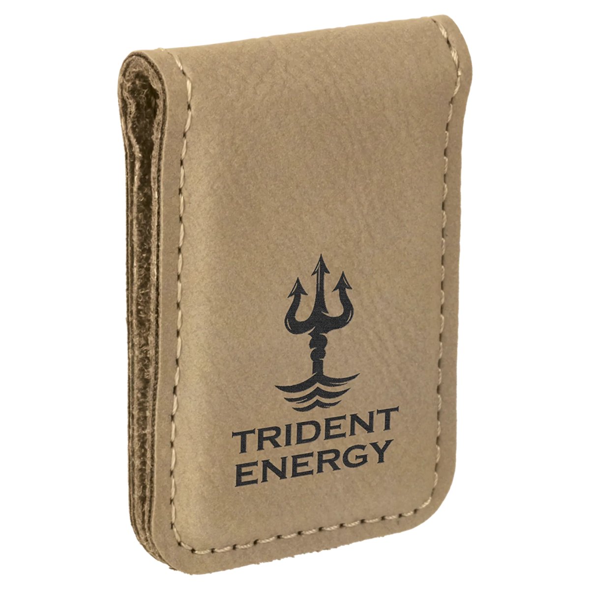 1 3/4" x 2 1/2" Light Brown Engraved Faux Leather Money Clip - Angle view